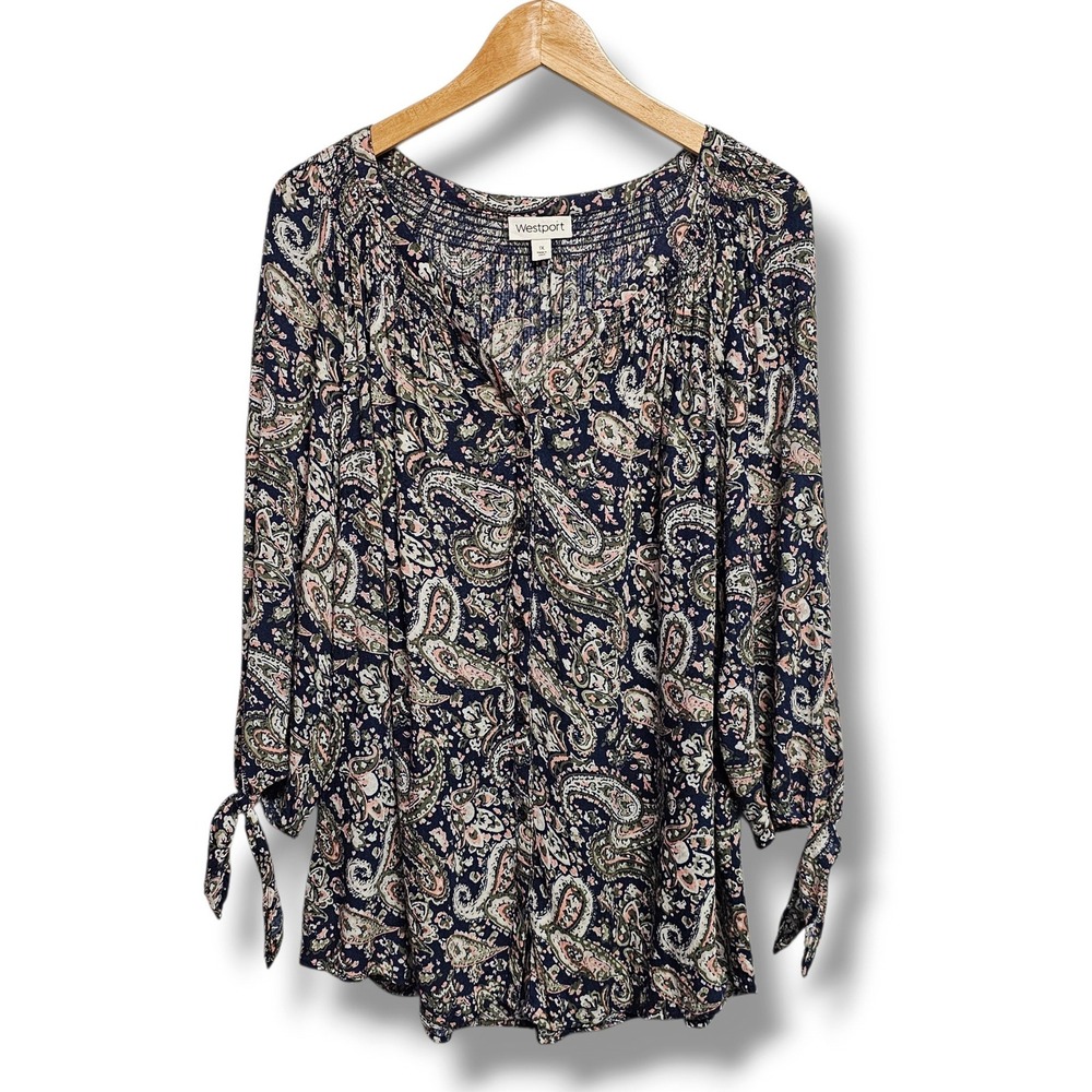 Westport Peasant Top 1X Womens Navy Paisley Smocked Tie Sleeve Button Front Boho
